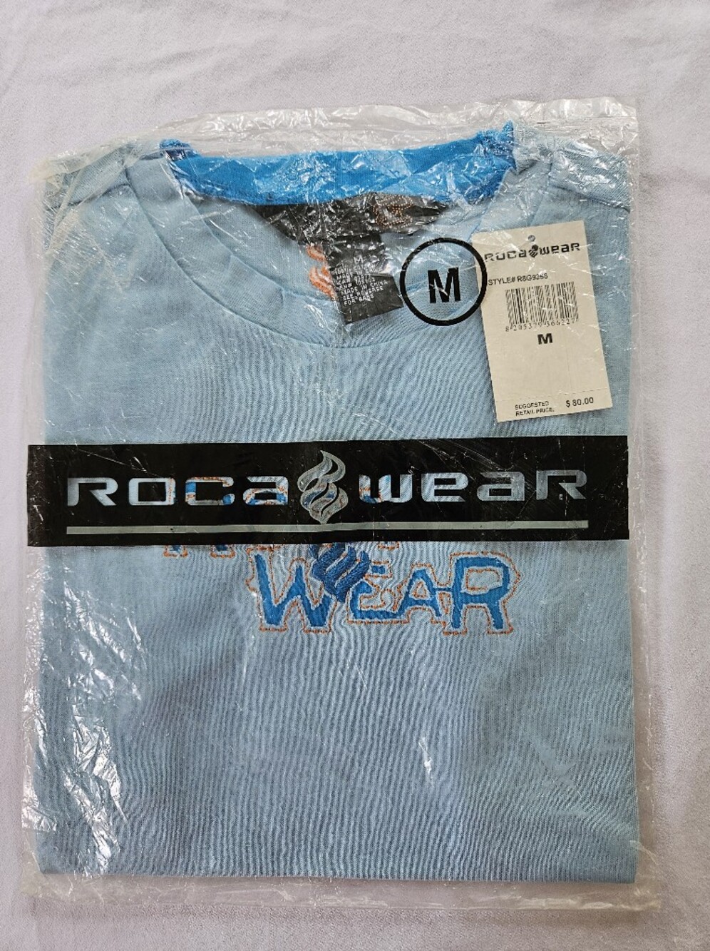 VTG Rocawear Embroidered T-Shirt Baby Blue NWT Deadstock Y2K Sealed M Raw Edge